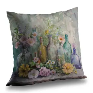 Begin Home Decor C1PC2626Y3H3AB 26 x 26 in. Flowers & Bottles - Blue Poly Twill Throw for Home Decor
