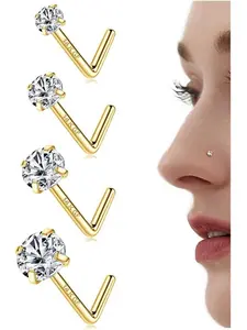 14K Gold Filled Nose Studs 316L Surgical Steel Nose Rings Studs 6A Cubic Zirconia Corkscrew L Shaped Nose Piercing Hypoallergenic Nose Rings for Women Men 20G