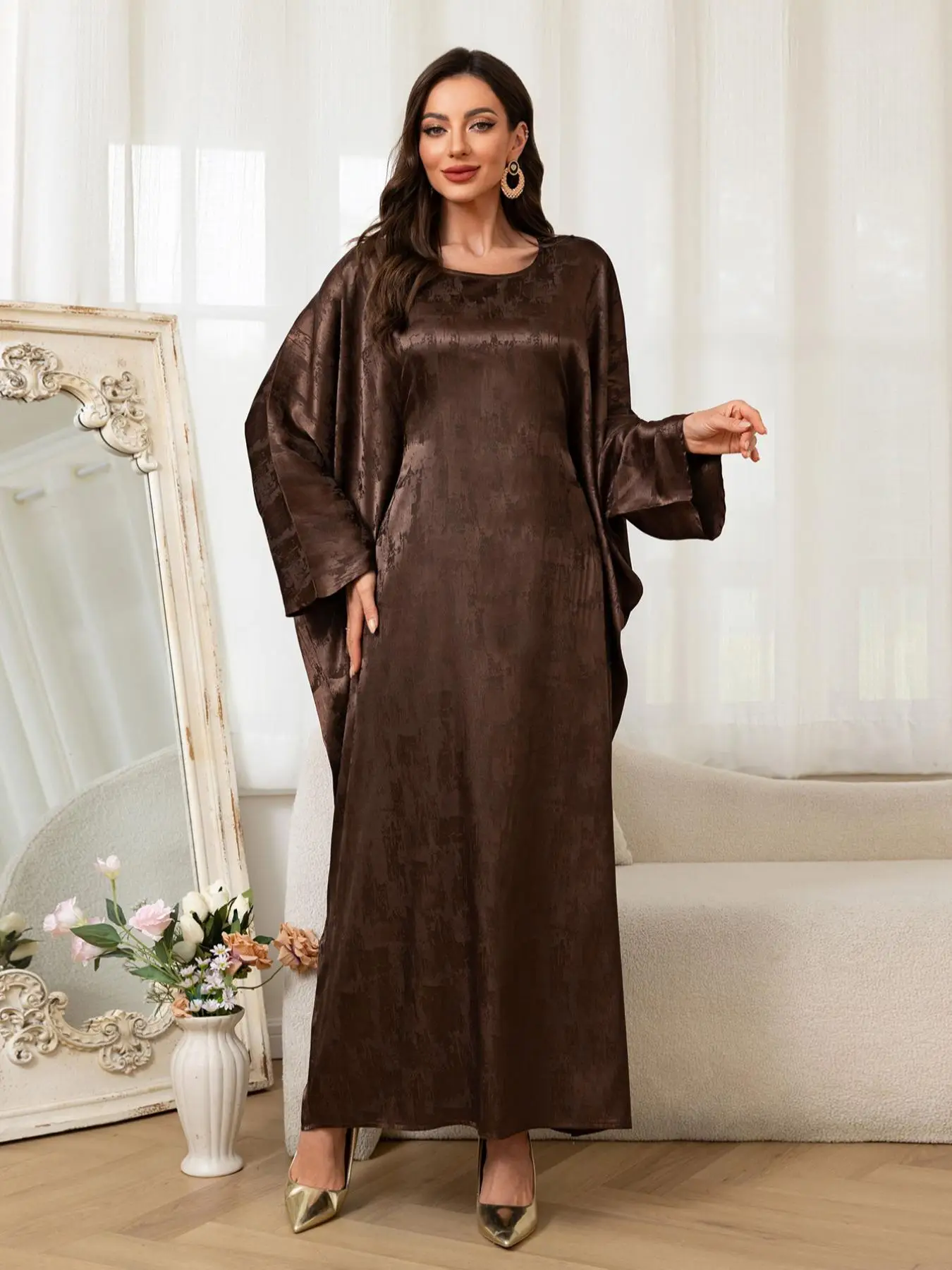 Women's Solid Color Batwing Sleeve Abaya Dress, Modest Long Sleeve Dress for Daily Wear, Ladies Islamic Clothing for All Seasons