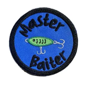 Master Baiter Embroidered Patch Iron On Sew On Hook Backing Fishing Humor Gift For Angler Patches For Hats Jackets Sizes 3 & 4 Green Lure Design