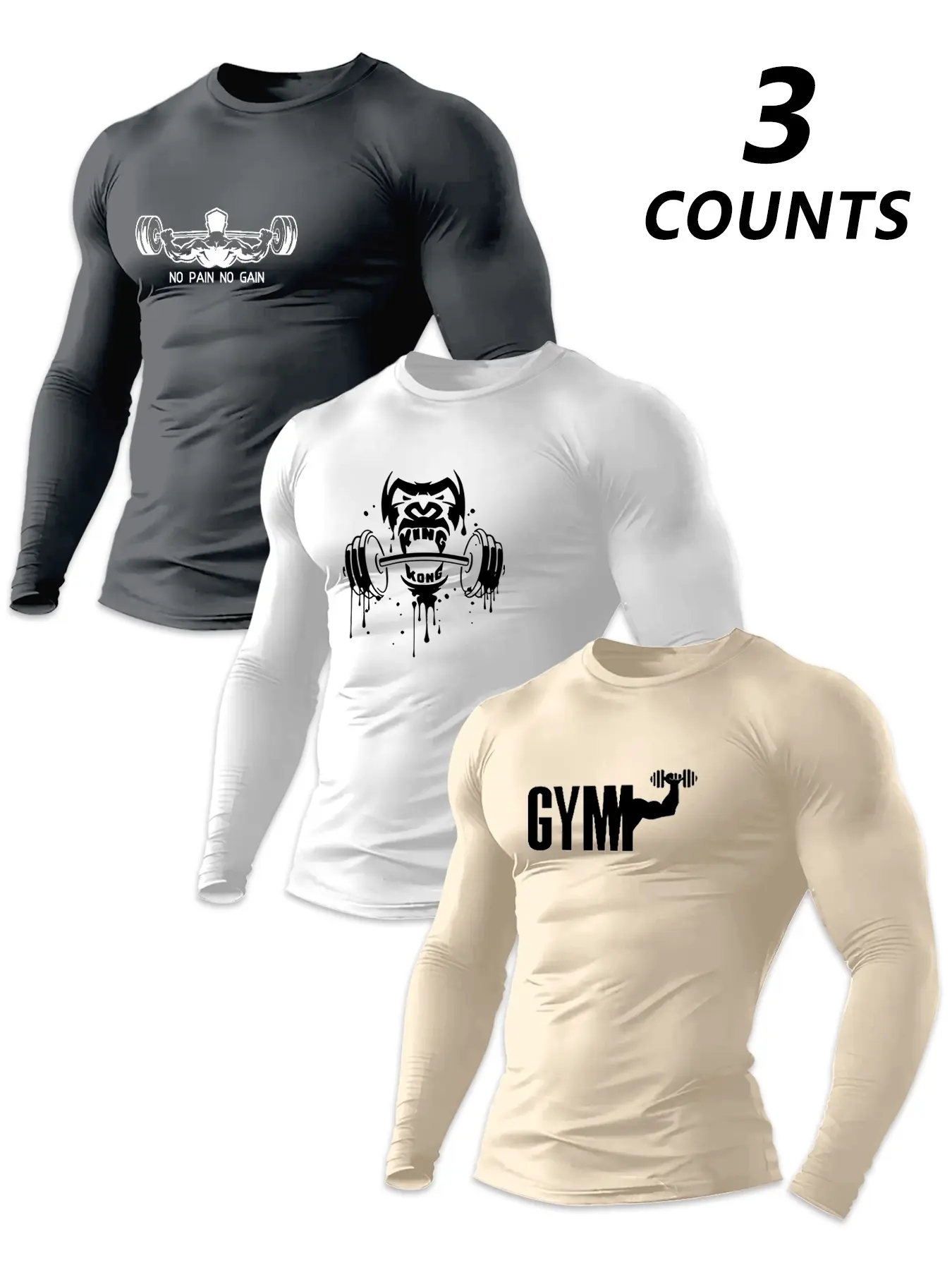 Men's Gym Workout Long Sleeve T-Shirt Set, Dumbbell Print, Fitted Round Neck, Elastic Fabric, Sporty Style, Spring & Fall, Athletic Compression Shirts, Gym Athletic Clothes, Workout Sportswear, Athletic Apparel