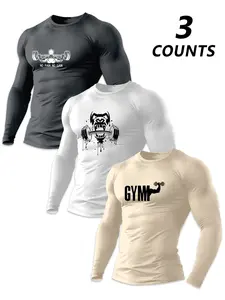 Men's Gym Workout Long Sleeve T-Shirt Set, Dumbbell Print, Fitted Round Neck, Elastic Fabric, Sporty Style, Spring & Fall, Athletic Compression Shirts