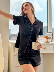 Women's Short Sleeve Heart Pattern Sleepwear Loungewear Set, Soft Satin Fabric Pajamas, Casual Loose Fit Nightwear for All Seasons, Womenswear