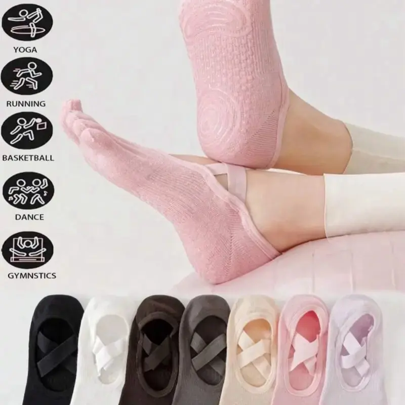 Women's Non-Slip 5-Toe Pilates Socks, Grippy Fitness Socks with Grippers, 1-Size Fits for Barre, Ballet - 3-Pair Pack