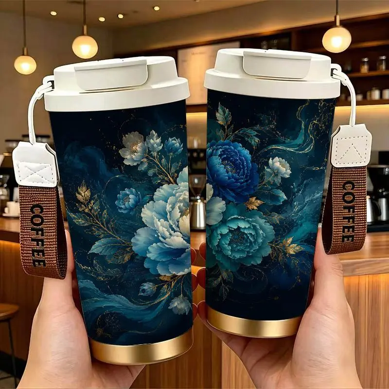 Blue and Gold Peony Floral Pattern Stainless Steel Insulated Coffee Cup with Double Drink Design， Portable Travel Tumbler with COFFEE Wrist Strap， Reusable Thermal Mug， Perfect Gifts For Birthday Holiday