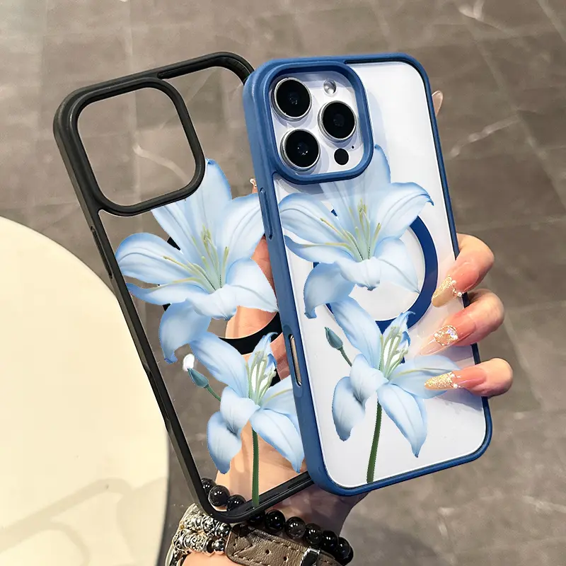 Chic Magnetic Case for iPhone11/12/13/14/15/16/promax Blue Lilies