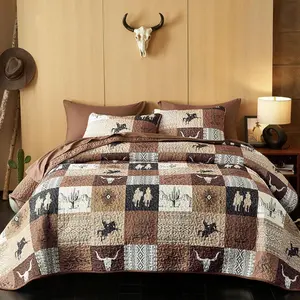 - Set, Southwestern Aztec Horse Cowboy Rustic Ranch Pattern Printed, Reversible Lightweight Bedspread Coverlet, 3 Pieces, Tan Brown, Queen/Full Size