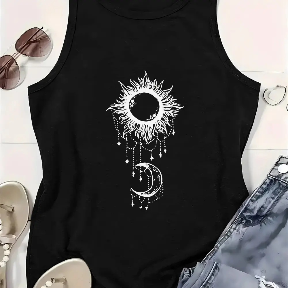 Women's Boho Sun-Moon Celestial Polyester Tank Top - Crew Neck, Breathable, Casual for Day & Everyday Wear summerwins