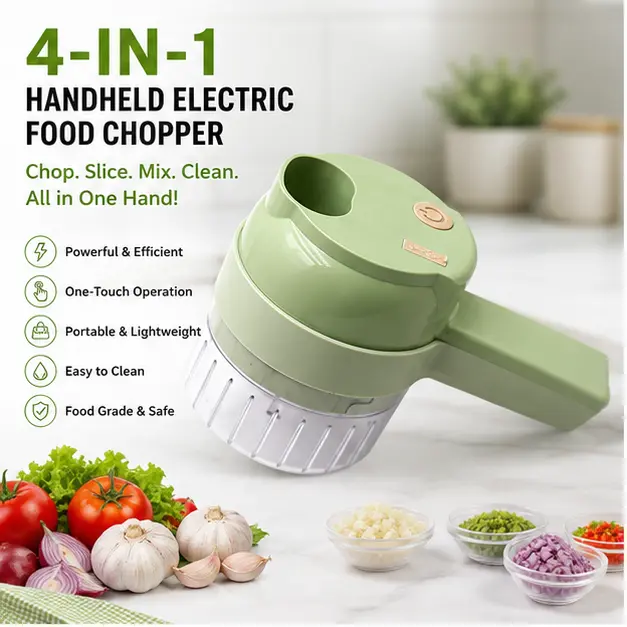 4-in-1 Handheld Electric Food Chopper, Portable Mini Food Processor with Stainless Steel Chopping Blade, Slicer, Mixer, Cleaning Brush and Food Pusher, Compact Kitchen Prep Tool for Garlic, Vegetables, Eggs and Salads