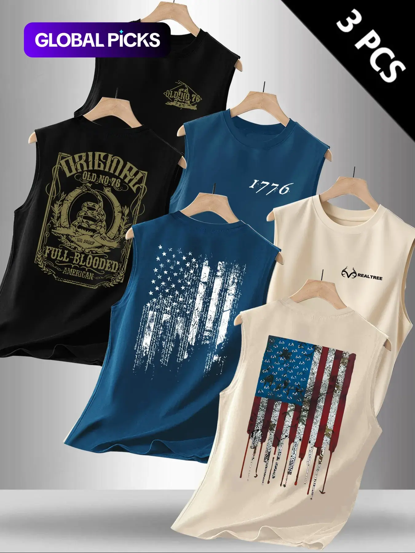 3-Pack Summer Men's Casual Flag & Letter Print Fitted Sleeveless Muscle Tanks, Outdoor Sports & Daily Wear