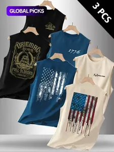Summer Men's Casual Sleeveless Vest Tank Top, Sleeveless Shirt, Flag Letter Print, Outdoor Sports Wear, Daily Versatile, 3 Pack, Fitted Style