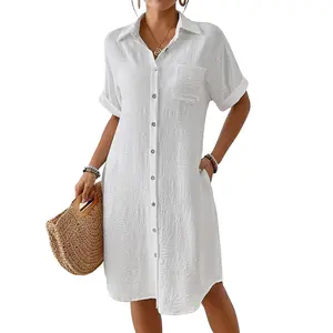Bsubseach Womens Swimsuit Coverup Long Button Down Bathing Suit Cover Ups Short Sleeve Summer Beach Shirt Dress with Pockets