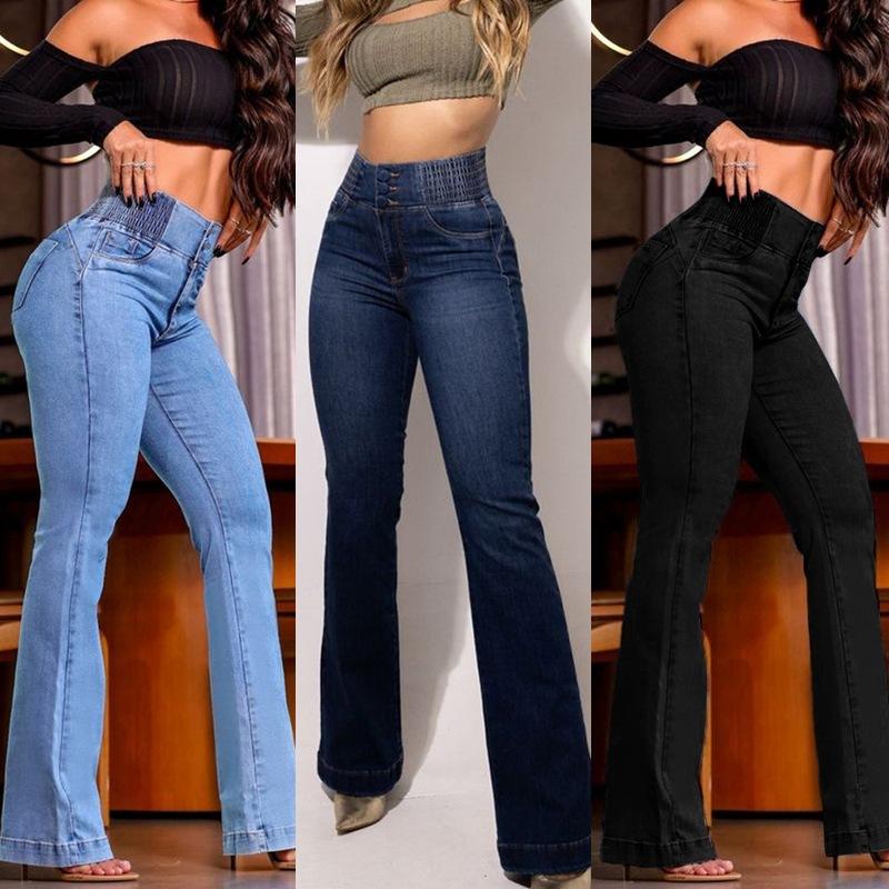 2025 European and American Cross-border Elastic Waist High Waist Stretch Tight Flared Butt-lifting Denim Pants Jeans Girl Womenswear Basic Black