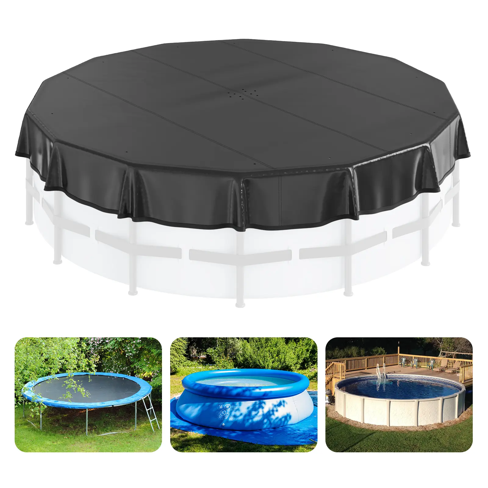 15 Ft Round Thick PVC Above Ground Pool Cover - 16ft Large Compatible, Fountains Compatible, 360° Drawstring, Solar Heating & Safety, Water Resistant, Dustproof Black, Drainage Holes, Easy to Install and Remove, Foldable for Easy Storage
