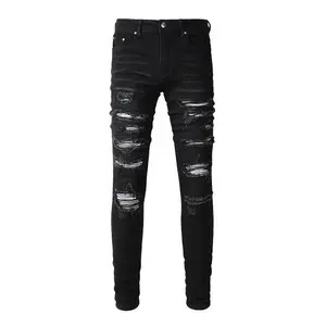 NexusGarbsMen'sBlackDistressedBandannaPatchworkHolesRepairedSkinnyStretchMoustacheSlimFitRippedJeansMen