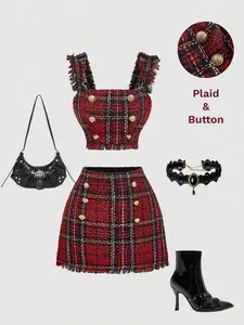 Women Red & Black Plaid Vest And Mini Skirt Set Christmas