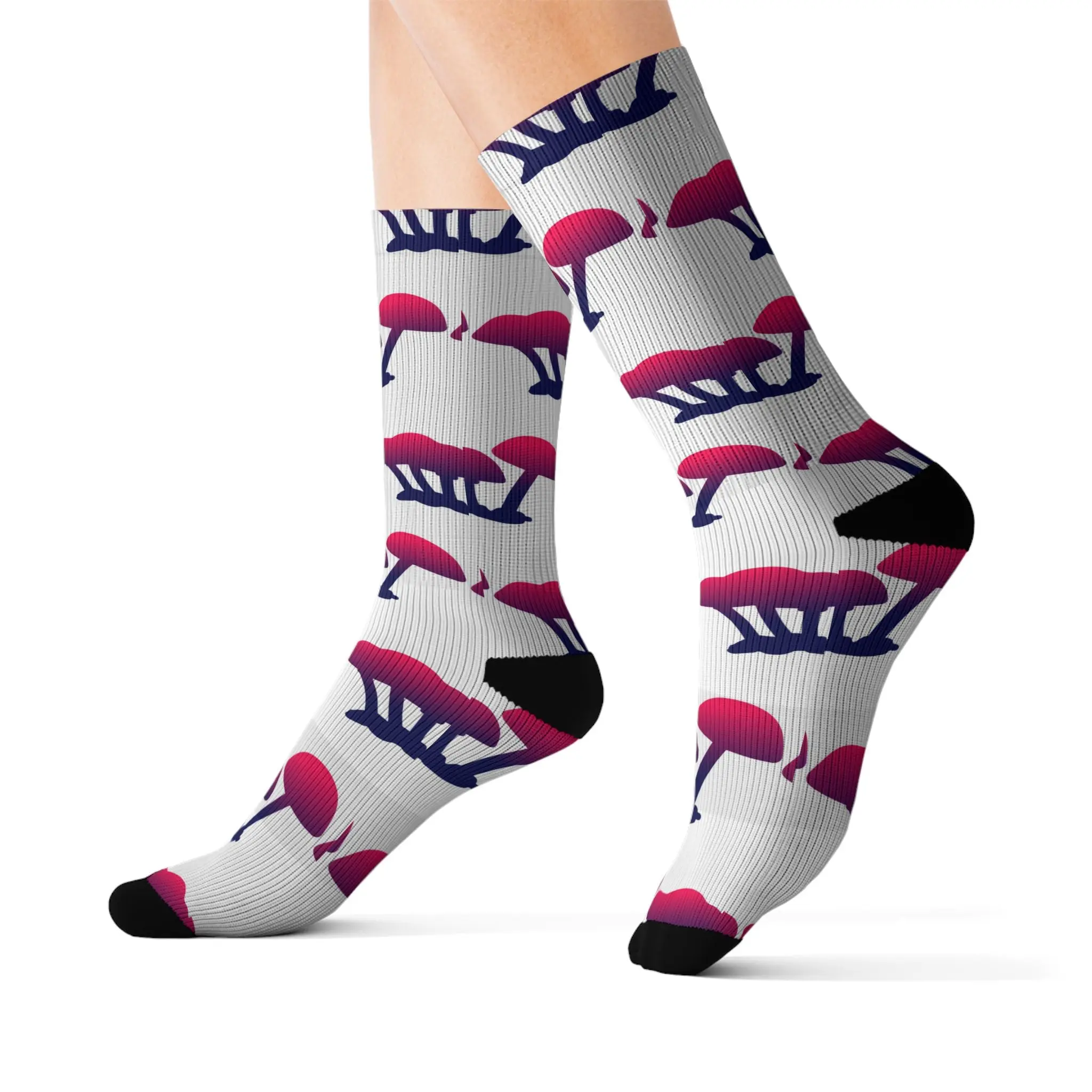 Mushroom Pattern Sublimation Socks — Fun Pink & Navy Fungi Crew Socks