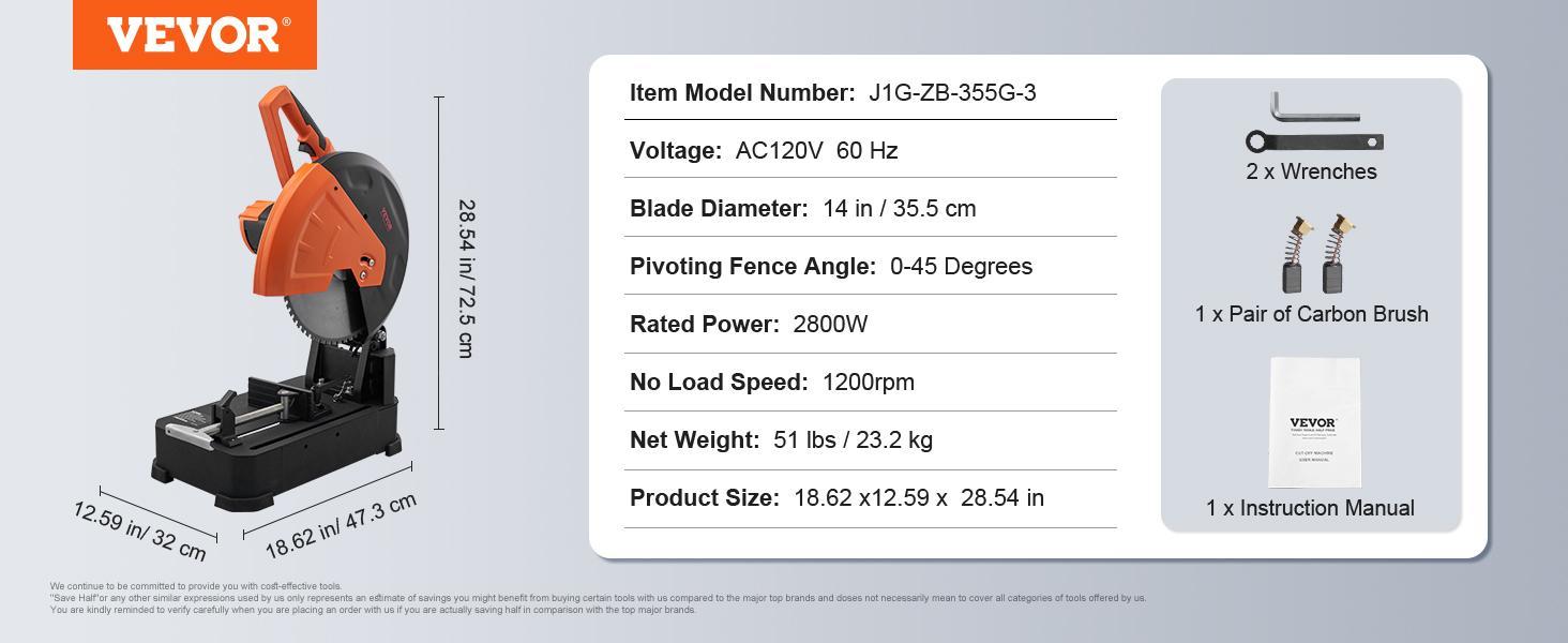 VEVOR Abrasive Chop Saw, TikTokShopBlackFriday, 14"/355mm Blade Diameter Cut Off Saw, 2300W 3600RPM Steel Cutting Machine, 0-45° Adjustable Angle Miter Saw for Cutting Metal Cutting Chop Saw for Steel/Rebar/Iron/Aluminum