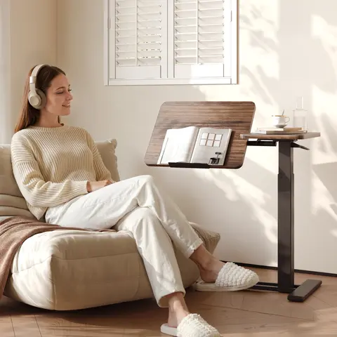 【SummerVibes】FLEXISPOT H7 Renter-Friendly Portable Non-Powered 2-Size Adjustable Height C-Shaped 2-in-1 End Table, Split Tilting Top, 1-Touch Lift Rolling Desk, Slide-Under Space-Saving WFH Desk for Studio Apartment