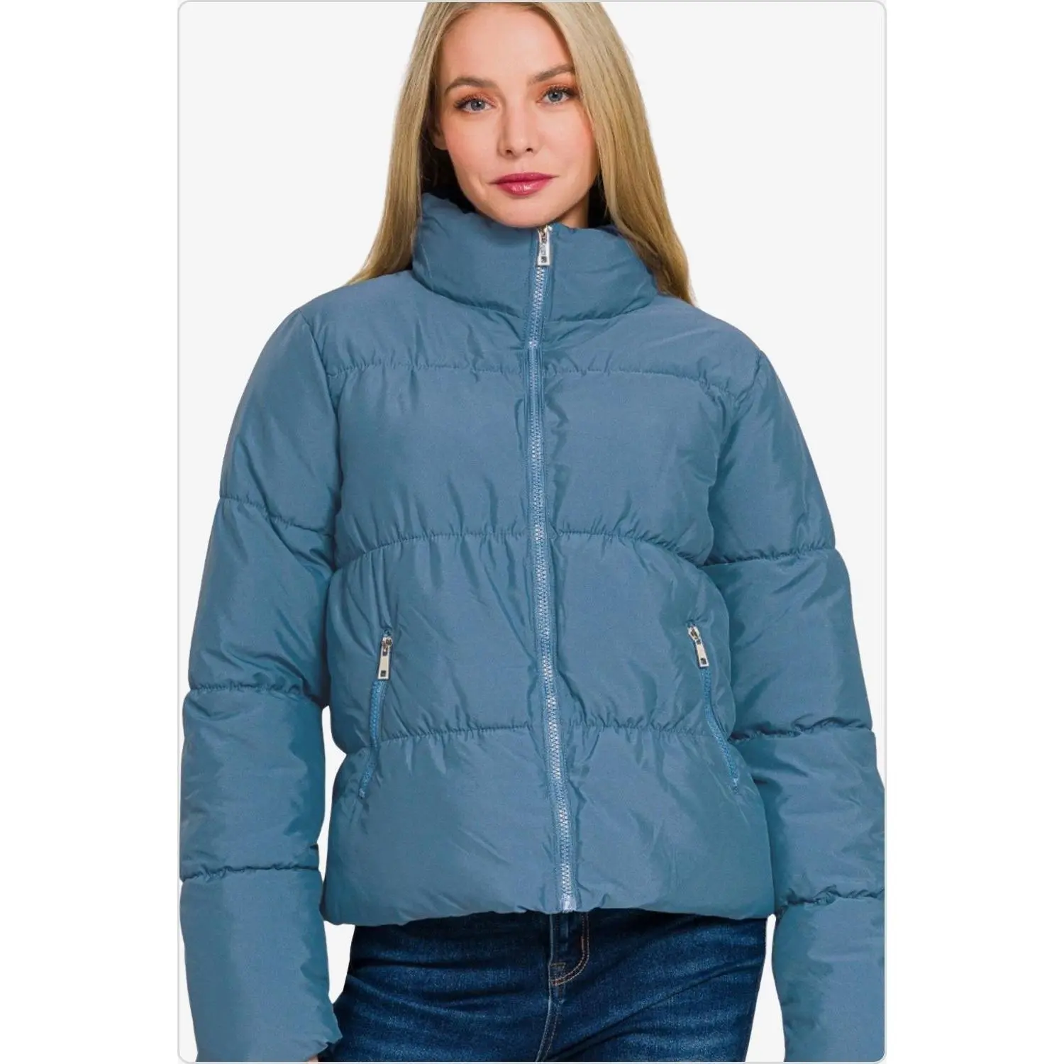 Women’s Dusty Blue Zip-Up Turtleneck Puffer Jacket