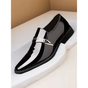 Men's Patent Leather Business Style Shoes, Metal Buckle Design, Slip-On Comfortable Fit, Perfect for Office & Formal Events