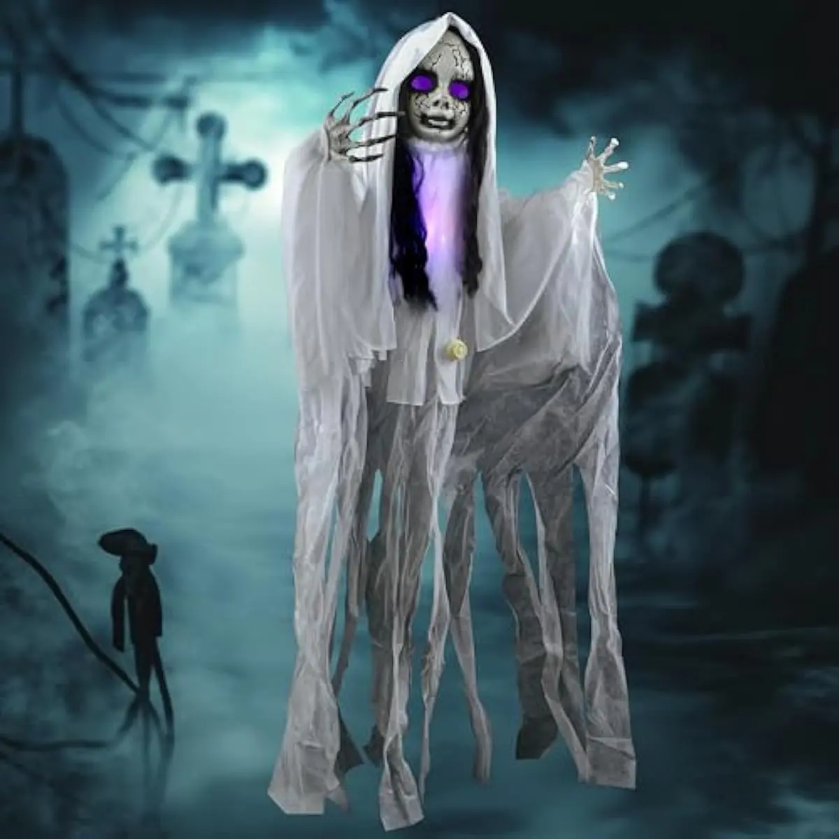 43" Outdoor Halloween Decoration, Scary Girl Hanging Ghost Decor Sound Activated with Light-up Head for Yard, Patio, Haunted House Lawn Garden