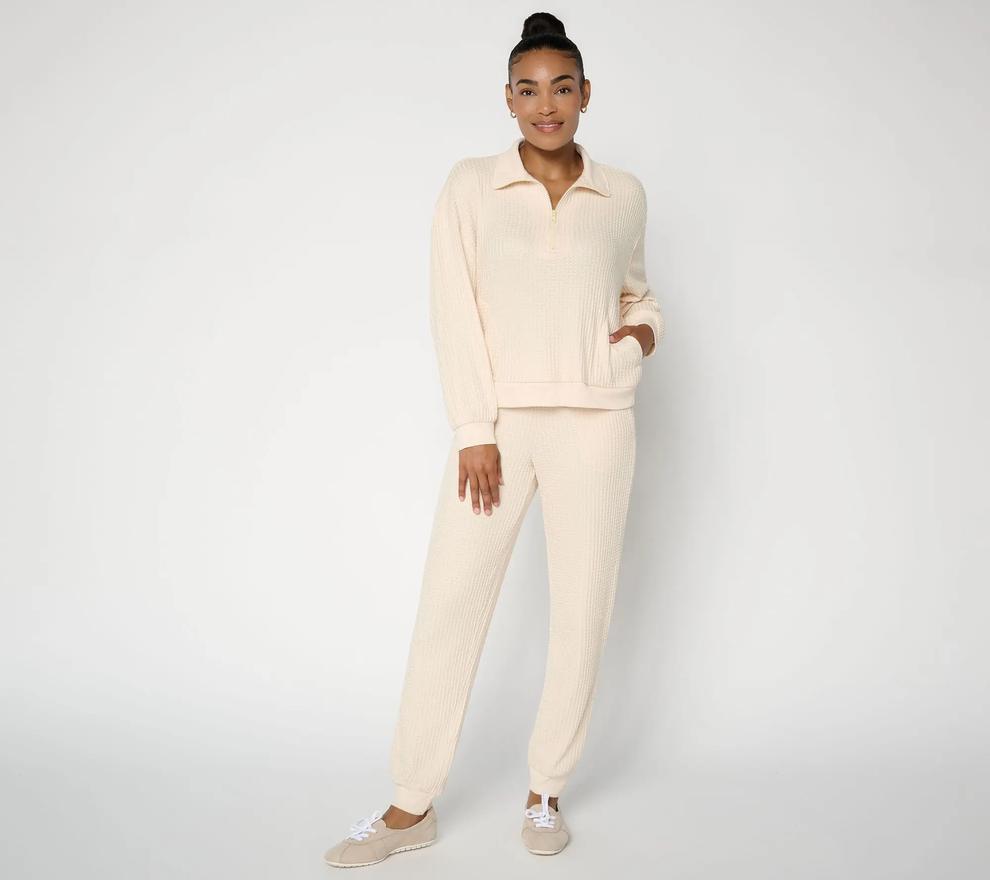 MUK LUKS Petite Waffle Thermal Quarter Zip with Jogger
