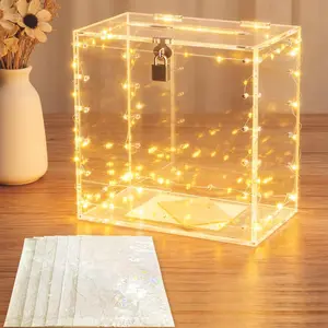 Wedding Card Box with Lock, Clear Large Card Boxes with String Light and Festival Static Cling Sticker,  Box Holder for  Kinds of Parties Reception