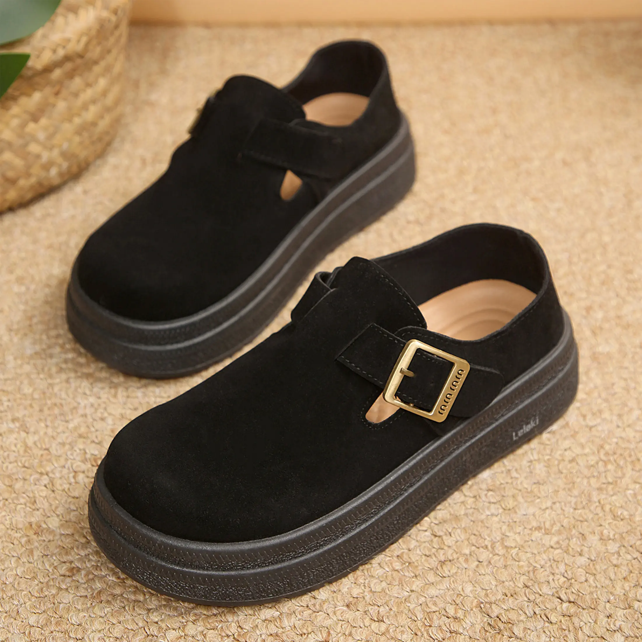 Women's Loafers Non-Slip Suede Clogs Cork Footbed Slippers Chunky Platform Casual Shoes