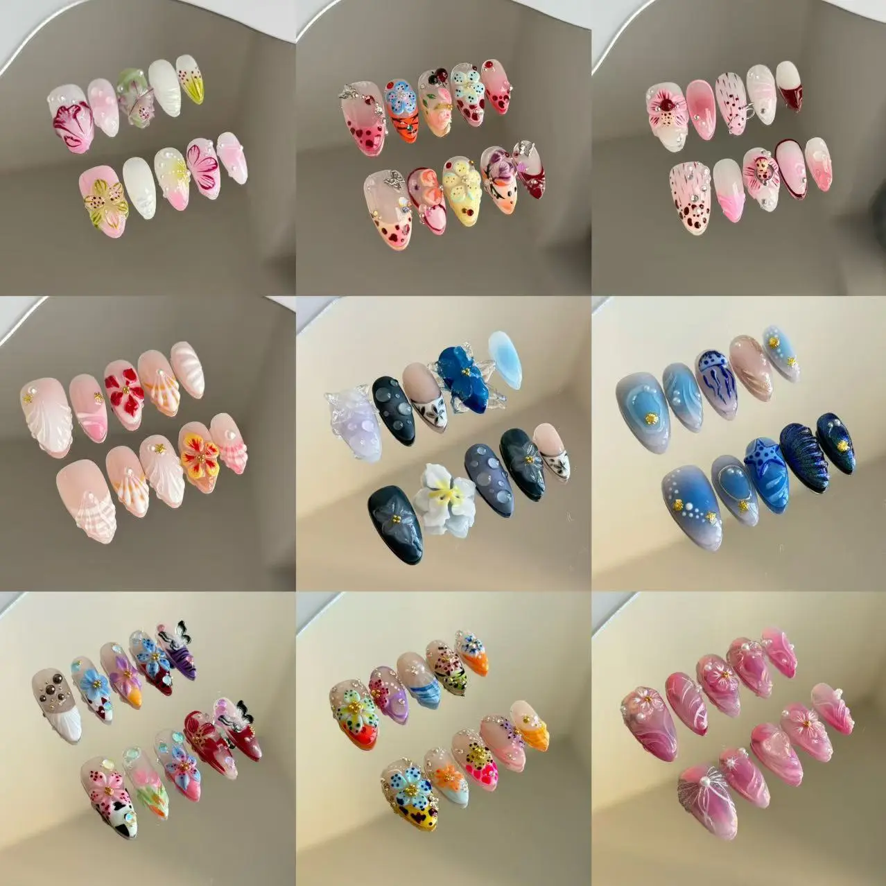 3D Floral Press-On Nails Collection 10PCS Handmade Reusable Glossy Design with Flowers & Gold Accents Long-Lasting Luxury Pearls Rhinestones, Nail Art Designs