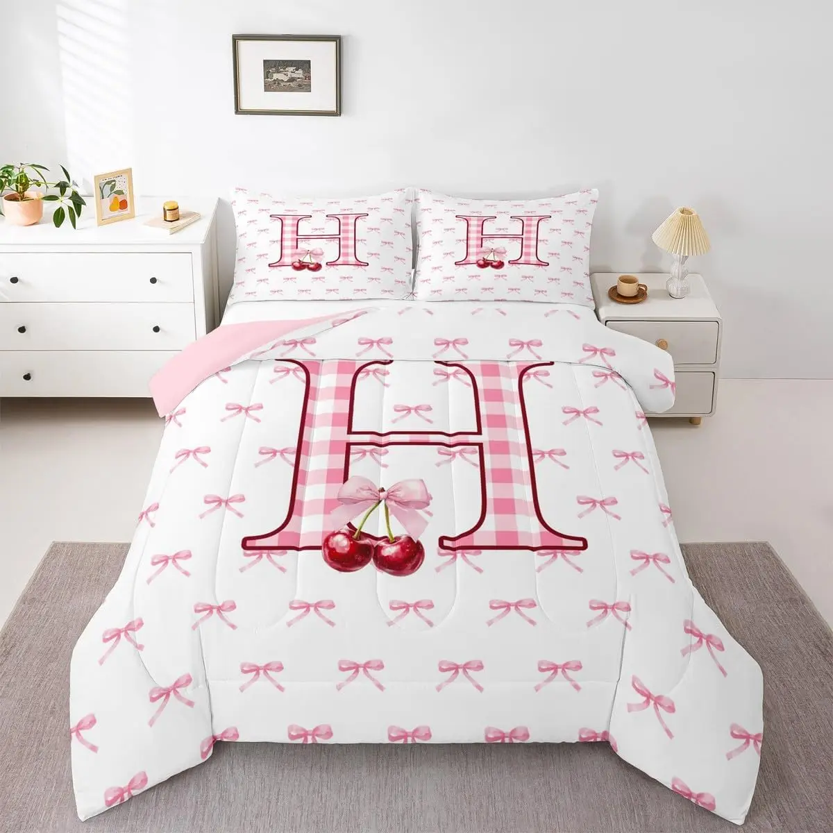Initial H Letter Comforter Set,Bowknot Coquette Decor Bedding Set,Cartoon Cherry Bow Tie Comforter,Dreamy Princess Style Duvet Insert