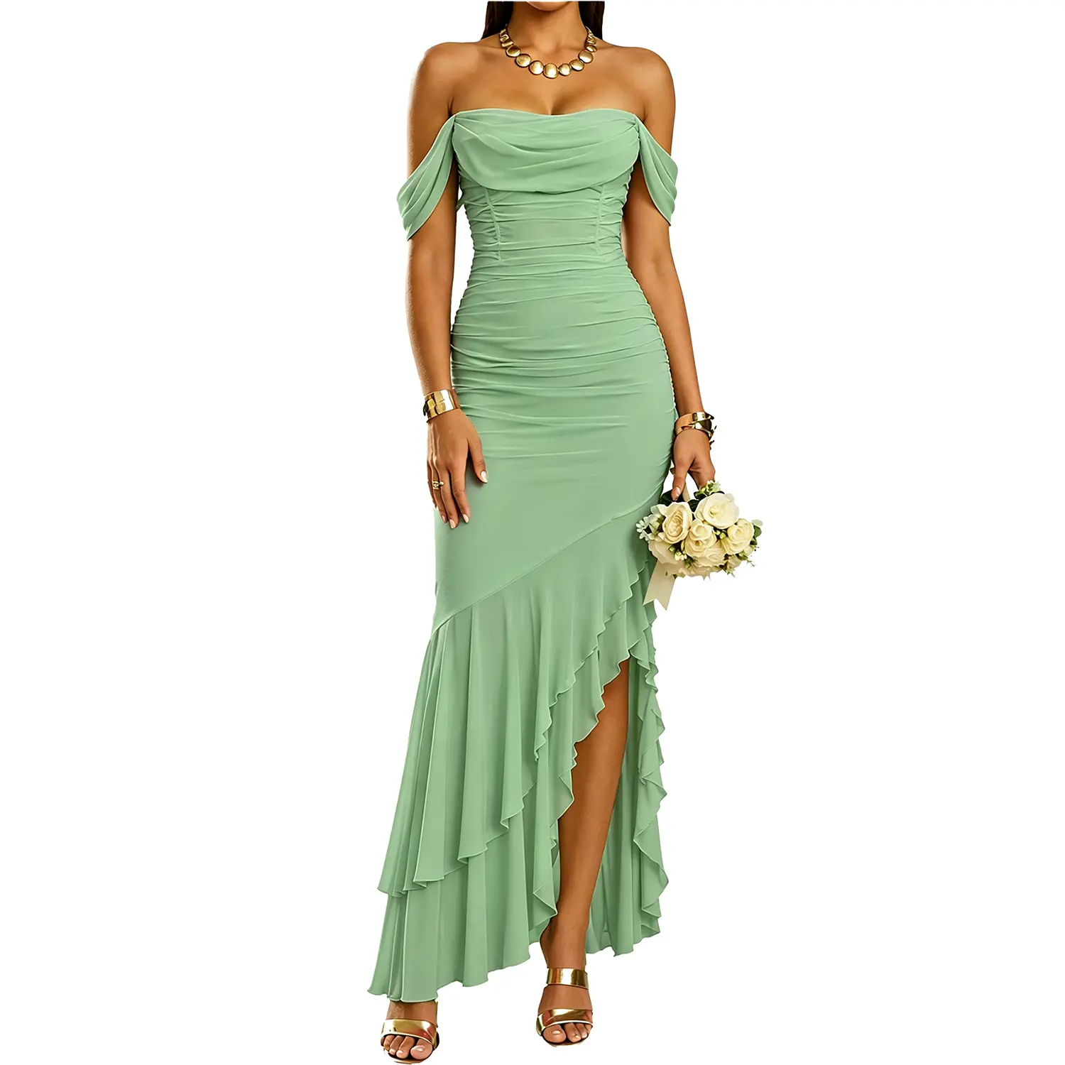 BORIFLORS Elegant Off-Shoulder Ruched Maxi Dress, Sexy High Split Ruffle Hem Evening Gown, Wedding Guest Dress for Women, Summer Fall Bodycon Formal Cocktail Dresses, Holiday Party Outfit, Soft Stretchy Chic Birthday Dress, Trendy Elegant Outfits