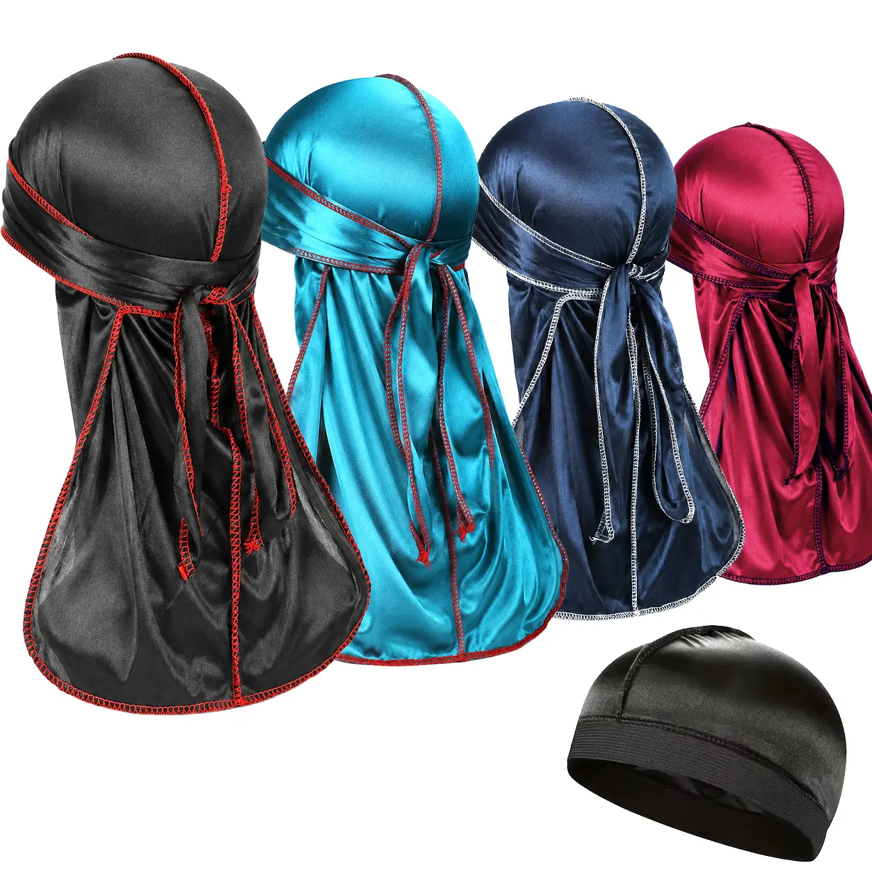 Men's Satin Durag and Wave Cap Bundle - 4 Colors + Black Compression Cap, Long-Tail Head Wrap Set for Sleep, Workouts, 360 Waves, Braids, Locs