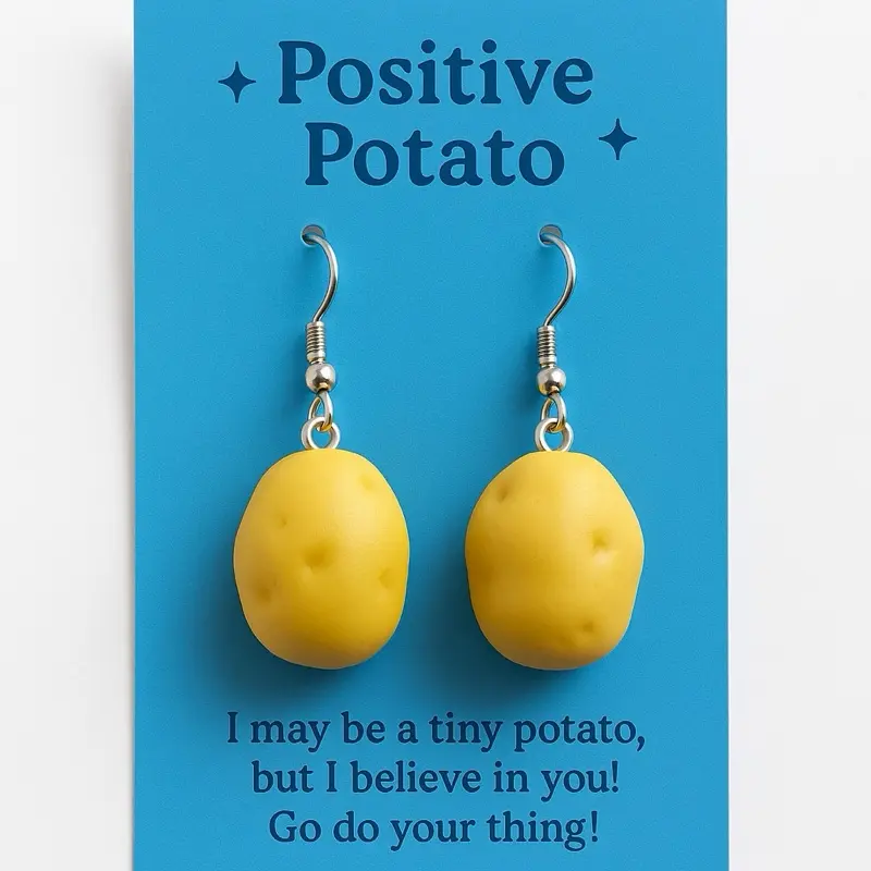 Positive Potato Brand Potato Earrings - Unique Design with Inspirational Message "I May Be A Tiny Potato But I Believe In You"