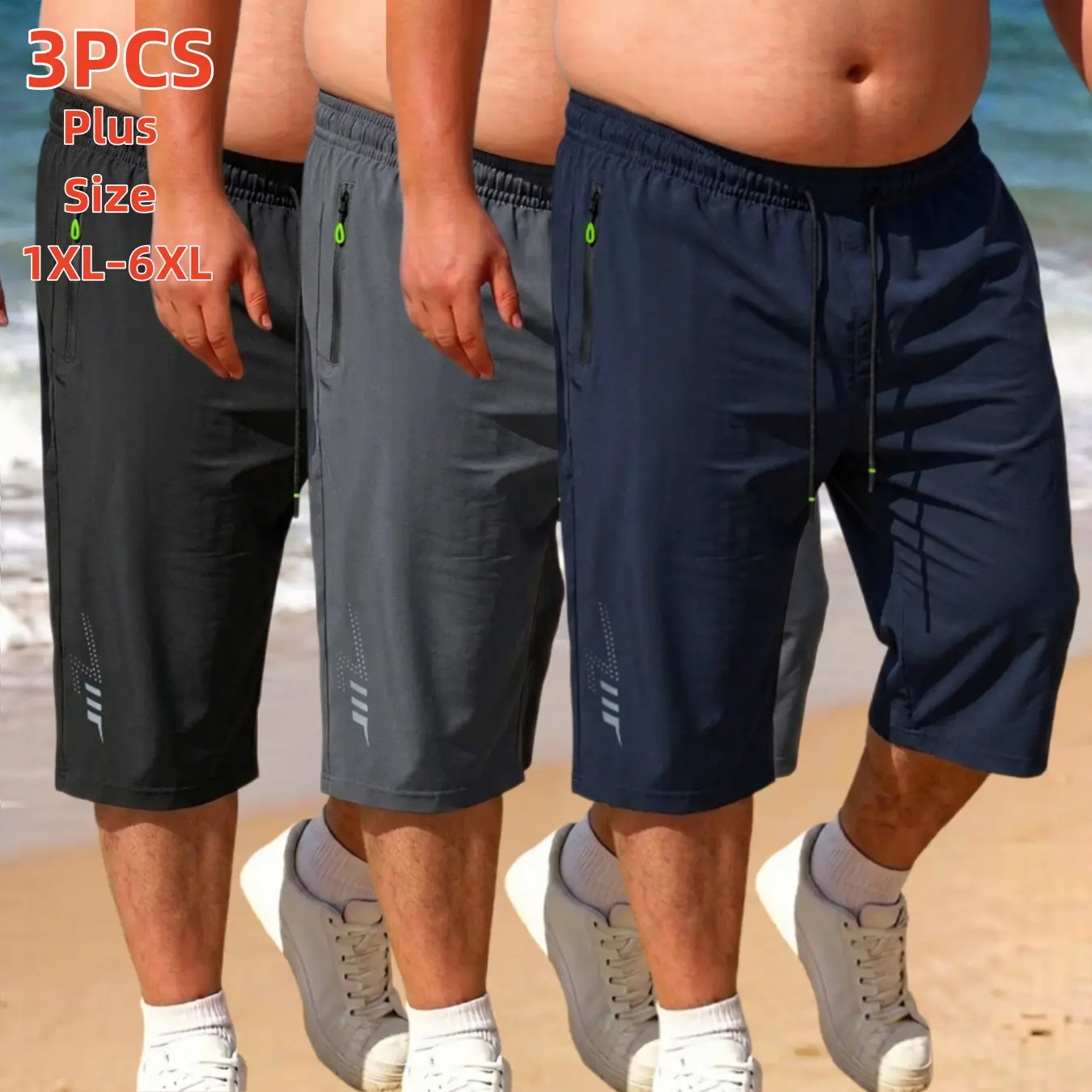 Men's Plus Size Casual Activewear Shorts (3-Pack) - Menswear, 1XL-6XL, Elastic Drawcord Waist, Side Zipper Pockets, Loose Fit, Quick Dry, Cooling, Lightweight, Sweat-Wicking, All Season for Big & Tall Men, Plus Size Men's Shorts Athletic Tropical