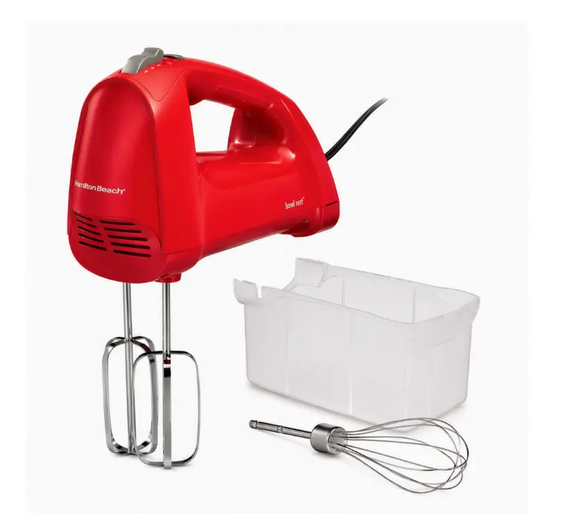Hamilton Beach 6 Speed Hand Mixer with QuickBurst, Includes Snap-On Storage Case and 3 Attachments, Red