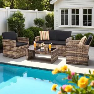 4-Piece Outdoor Patio Conversation Set, Rattan Sectional Sofa with Cushions, Wicker Furniture for Garden, Porch , Backyard, Stylish Grey Rattan and Light Grey Cushions – Trending Outdoor Decor
