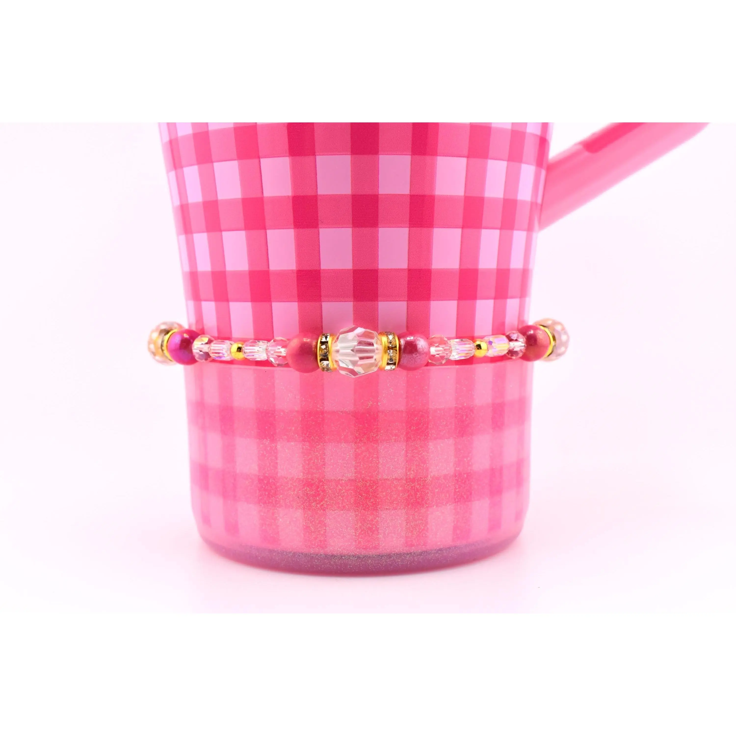 Handcrafted Pink Gingham Beaded Bracelet with Gold Accents, Polyurethane (PU Leather) Details, Extra Small Size, 2X Large Option, Note: Choking Hazard - Small Parts