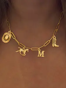 Women's Initial Western Cowboy Boot Hat Horse Pendant Necklace, Vintage Stainless Steel Paper Clip Chain, Casual All Seasons Jewelry