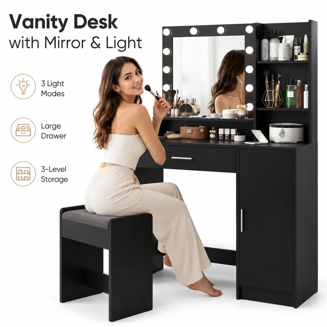 Black Vanity Desk with Lighted Mirror, 3 Color Modes & Adjustable Brightness, Large Drawer, 3-Tier Shelves and Storage Cabinet for Bedroom