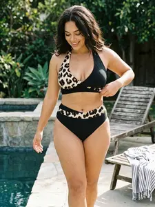 Leopard Halter Bikini Set High Waisted Tummy Control Two Piece Swimsuit