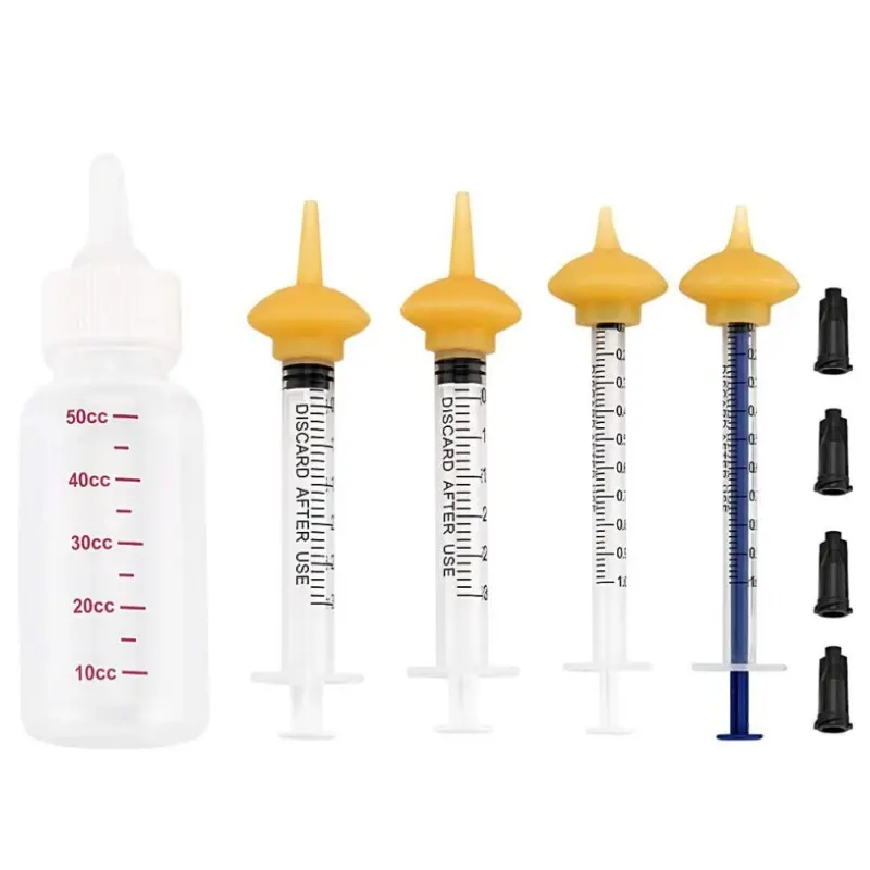 Pet Puppy Kitten Feeding Kit with 60ml Nursing Bottle, 4 Silicone Nipples, 2Pcs 3ml & 2Pcs 1ml Feeding Syringes, Black Sealing Plugs, Newborn Small Animal Milk Feeder Set for Cat Dog Rabbit Hamst