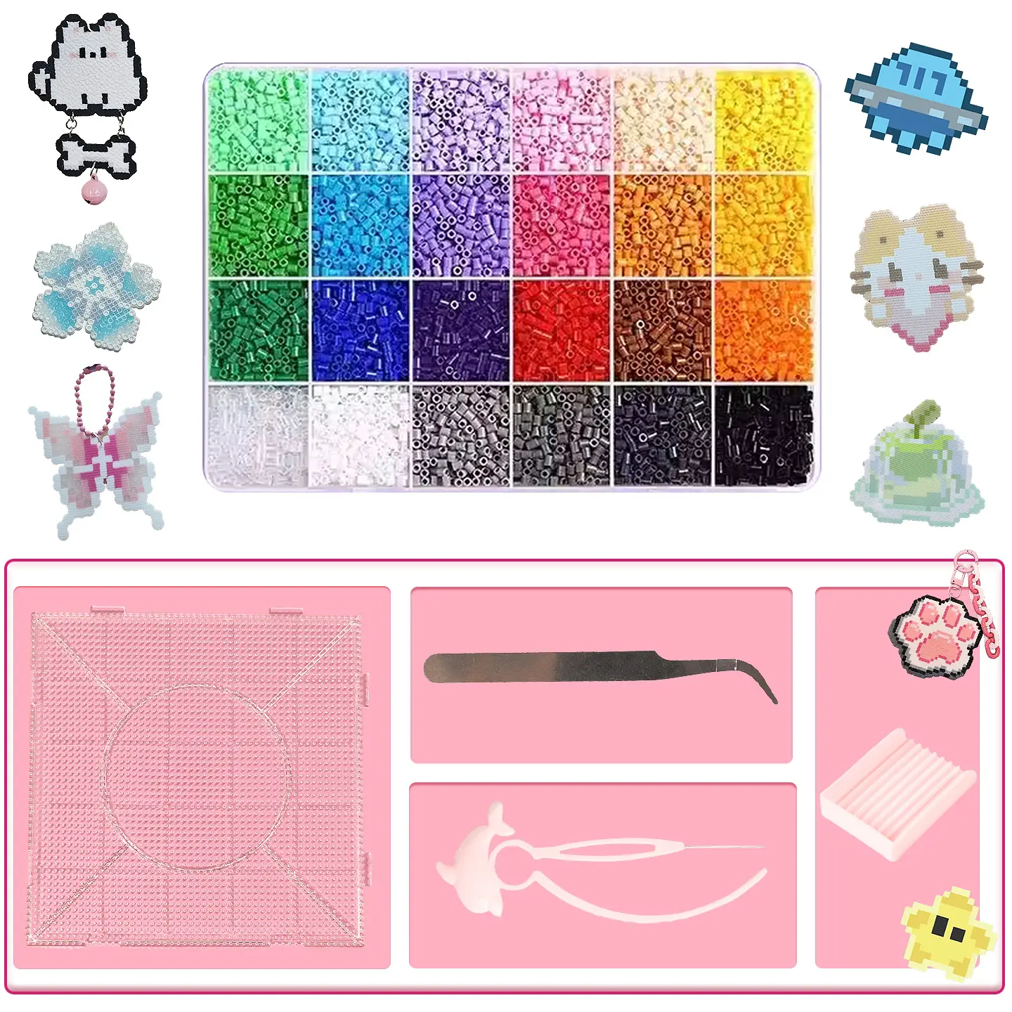 24 Color Fuse Beads Kit, 2.6mm 3D Beads Set with Tweezers and DIY Beading Accessories, DIY Jewelry Accessories kit for Pixel Art, Keychains, Jewelry Making & Kids Crafts,Great Graduation Gifts,Summervibes