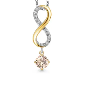 Gem Stone King 925 Silver and 10K Yellow Gold Peach Morganite and Lab Grown Diamond Pendant Necklace for Women | 0.88 Cttw | Gemstone October Birthstone | Round 5MM | With 18 Inch Chain