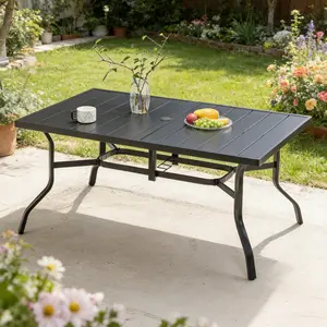 Outdoor Dining Table for 6, Rectangle Table, Powder-Coated Steel Slat Top with 2.16" Umbrella Hole, Anti-Slip Pads, E-Coating Frame, All-Weather Black Patio Table for Garden, Poolside, Backyard