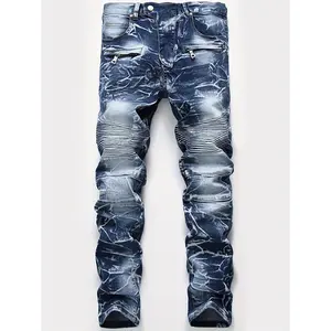 1 pair of men's jeans biker casual corrugated jeans corrugated straight pants