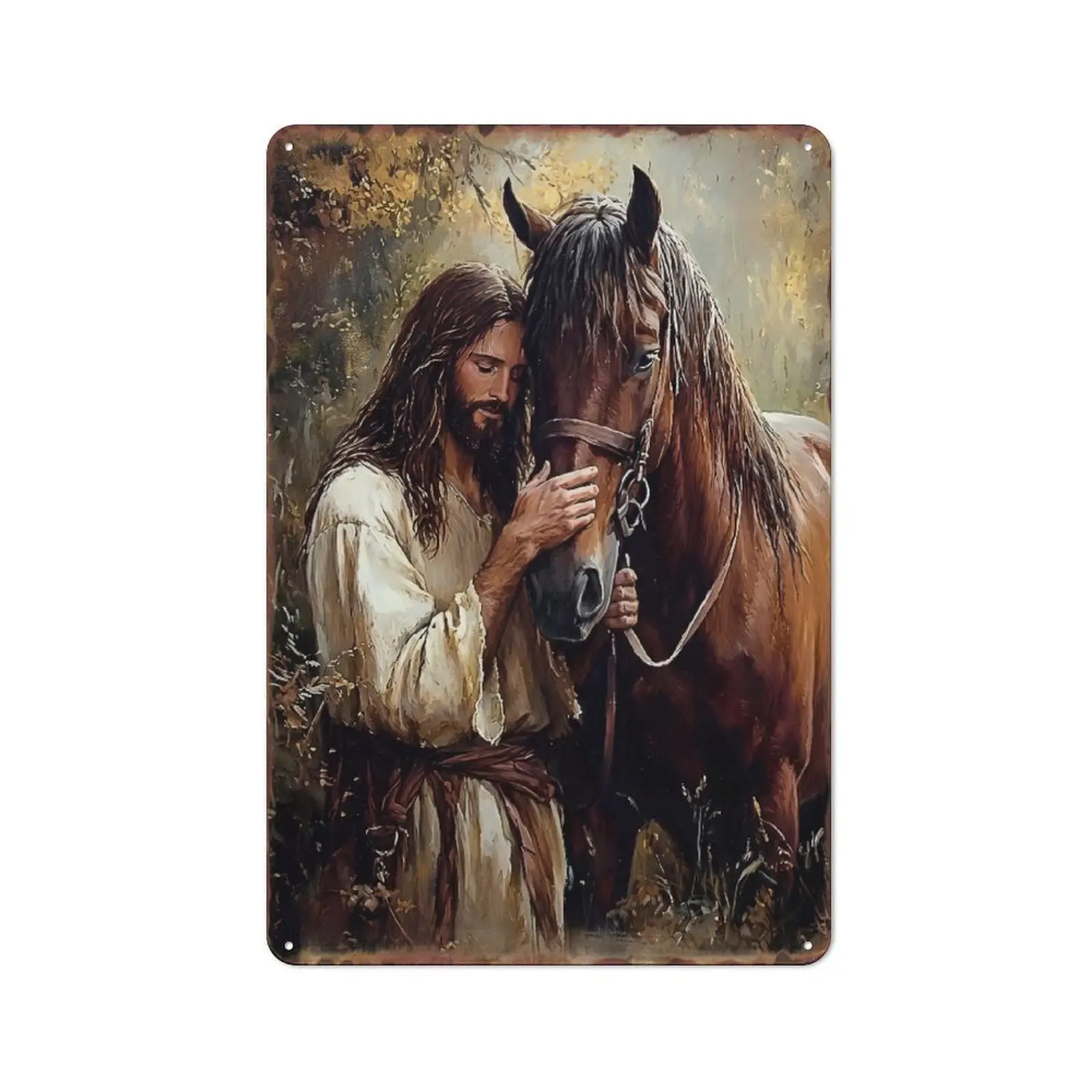 Vintage Metal Jesus with Horse Wall Sign - Retro Tin Plaque, Christian Religious Wall Decoration, Farmhouse Home Decor, Christian Gift with Retro Look