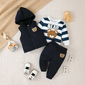 Ready Stock 3pcs ' Boys Bear Print & Striped Clothing Set with Plush Hooded Vest & Full-Zip Jacket - Thick Winter Clothing & Outerwear, Matching Pants 42507044