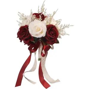 Wedding Bouquets for Bride, Champagne White & Burgundy Bridal Bridesmaid Wedding Flowers, Artificial Toss Rose for Civil Ceremony (Hollow Lace Ribbon Handle)