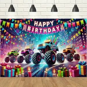 1pc 2D Monster Truck Birthday Banner, Cool Big Wheel Car, Fireworks & Gifts Printed Backdrop, Thrilling Racing Vibe, Ideal for Boys Birthday Parties, Car Enthusiasts Gatherings, Celebrations & Indoor/Outdoor Photo Booth Decor